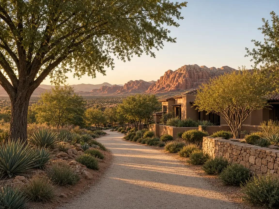 Landscaped desert paseo and stucco homes, illustrating a Peccole Ranch neighborhood guide