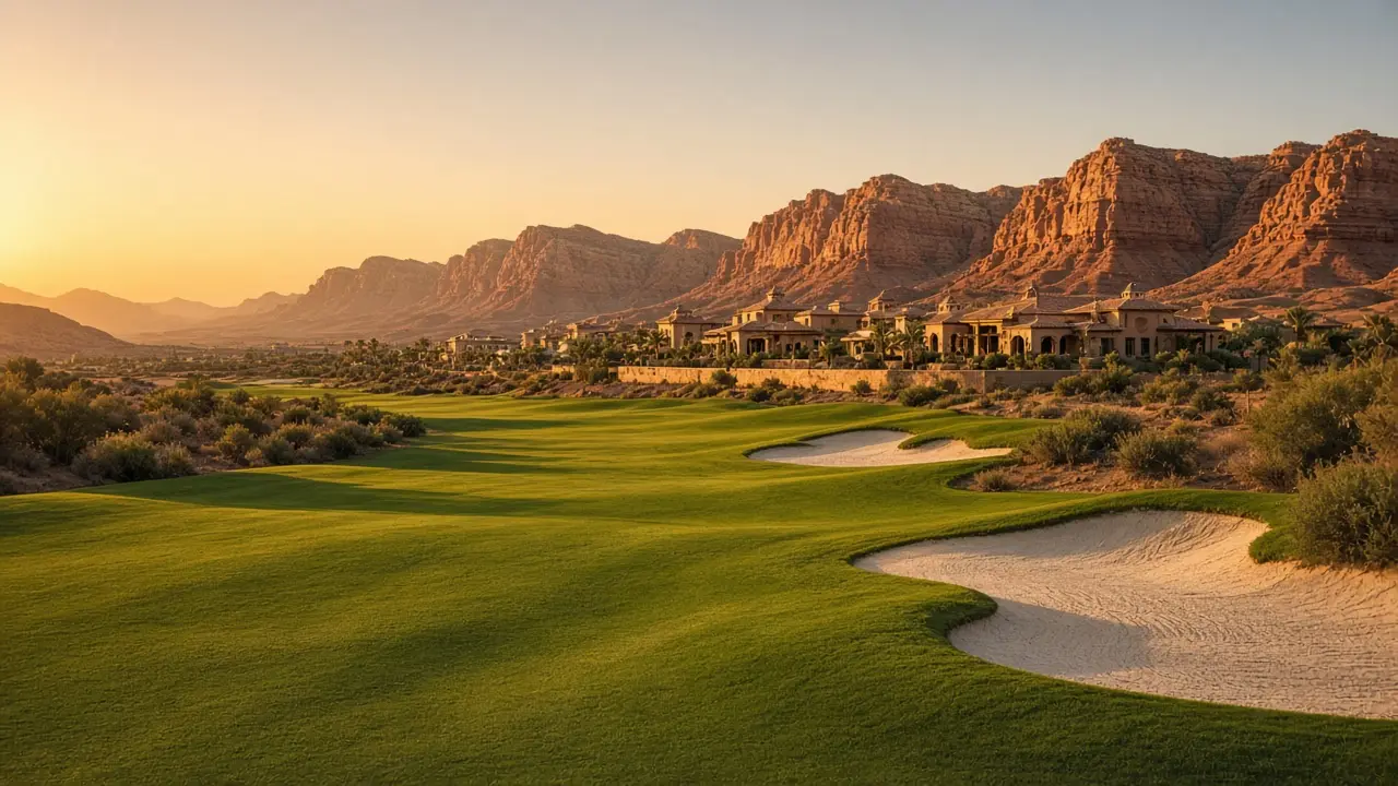 Desert golf fairway, sand bunkers, and stucco estates at golden hour near red rock cliffs