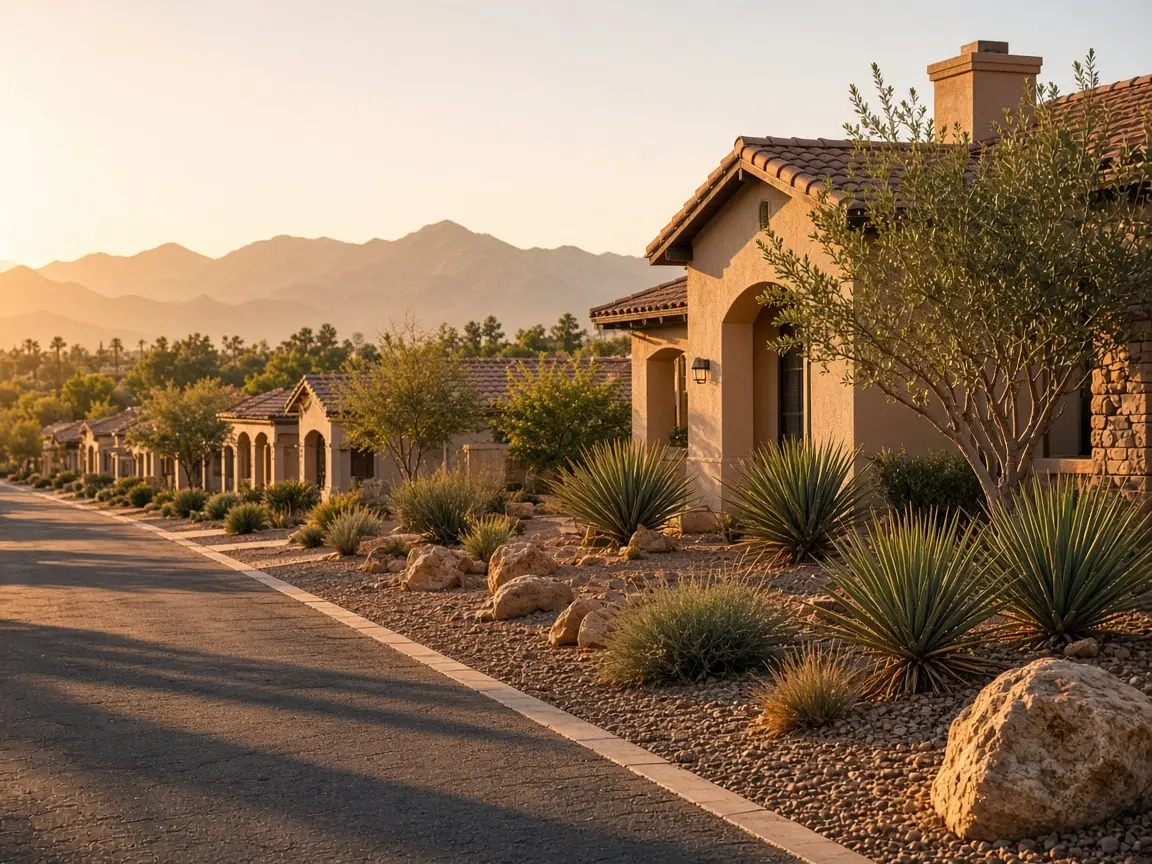 Stucco homes and desert landscaping at golden hour, illustrating the Peccole Ranch market report
