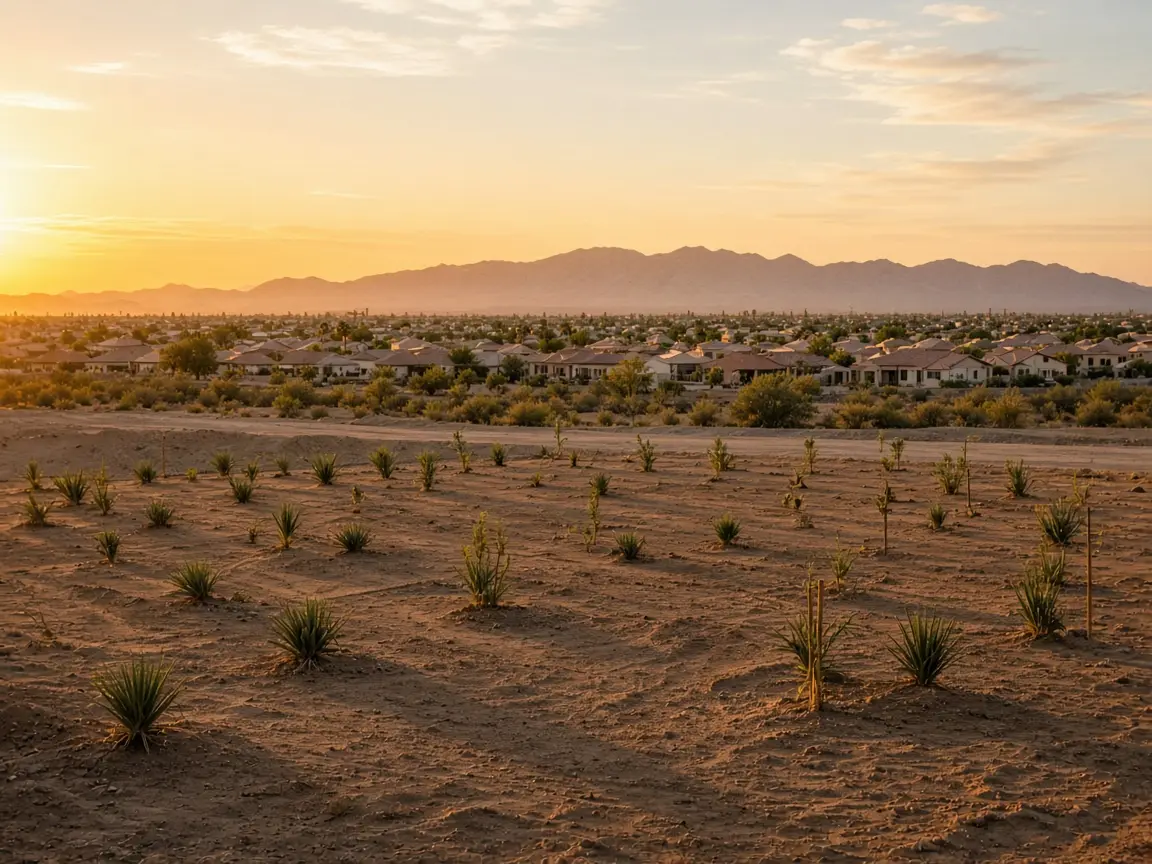 Open desert land beside distant stucco rooftops at golden hour, illustrating future Peccole Ranch construction