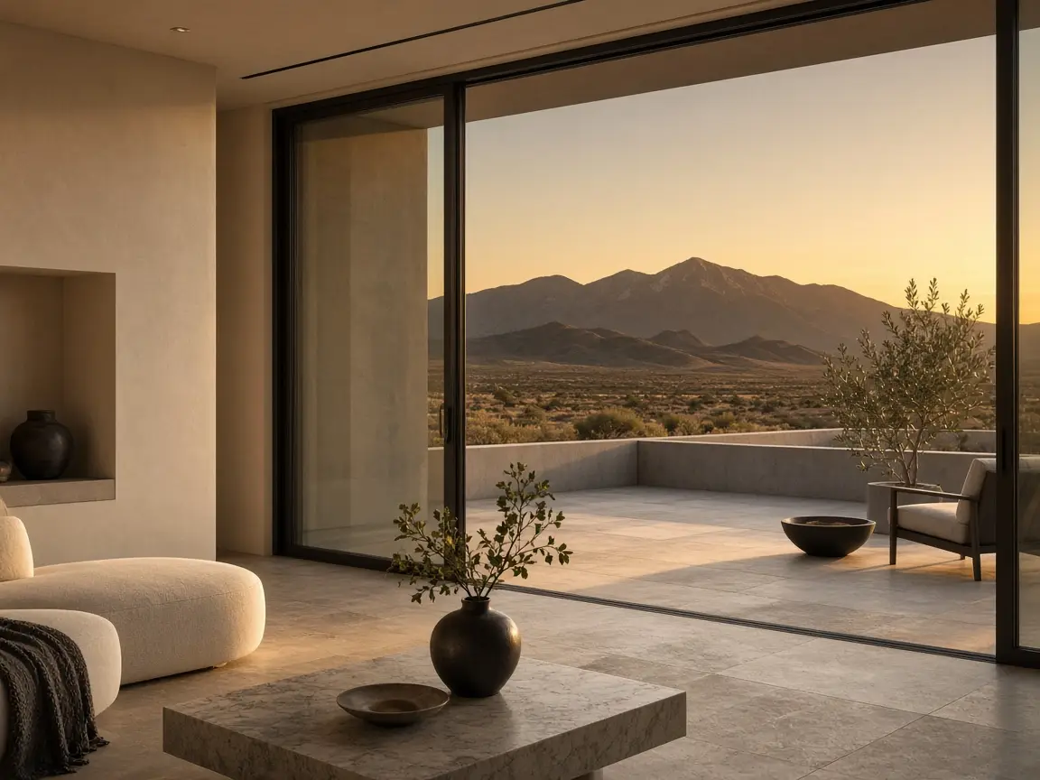 Quiet desert-modern interior opening to the mountains, illustrating a Peccole Ranch pricing conversation